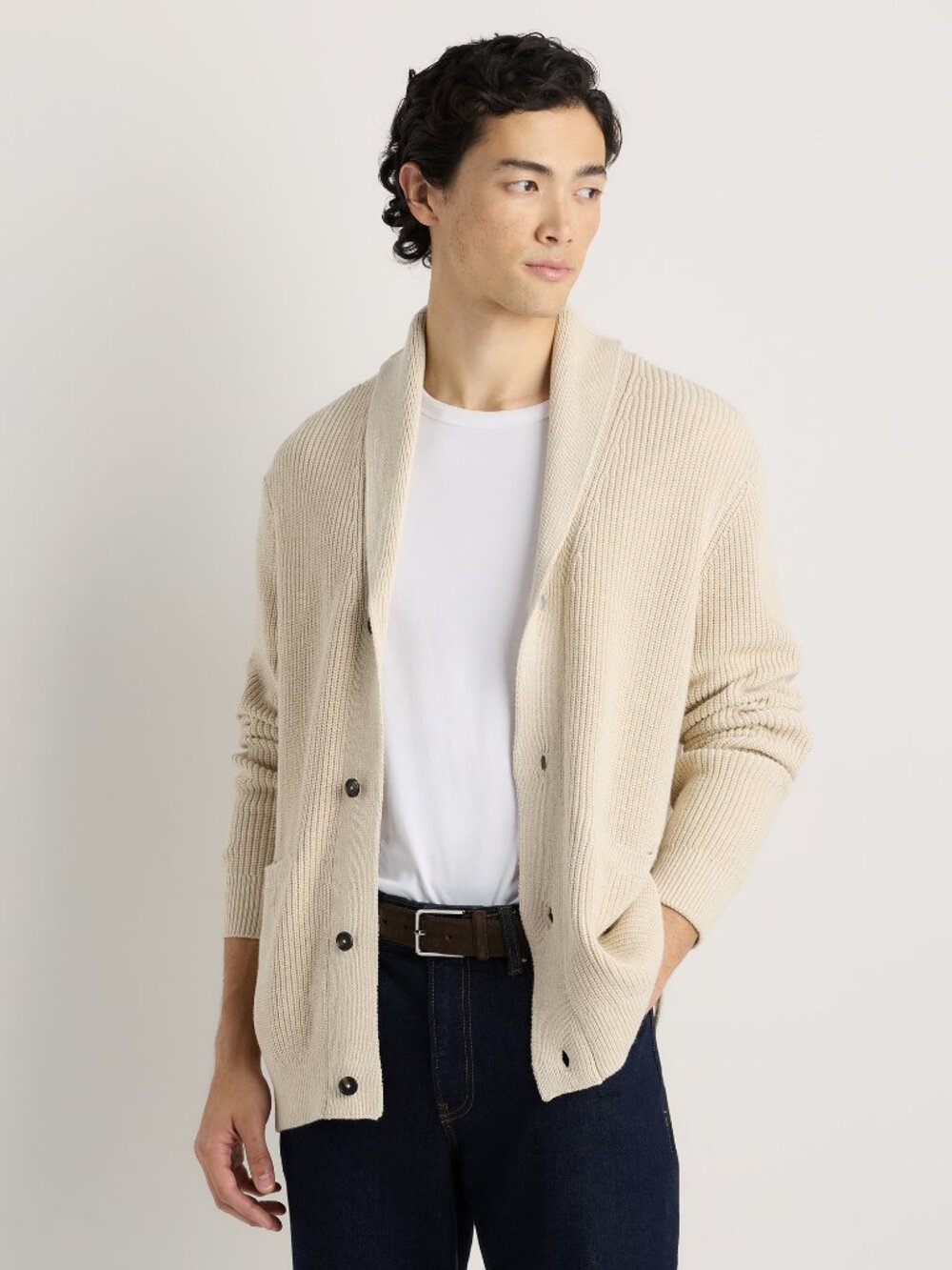 Quince Ribbed Shawl-Collar Cardigan Sweater in Speckled Beige